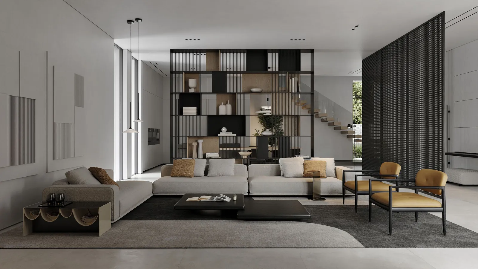 Living room with sofa and shelving wall